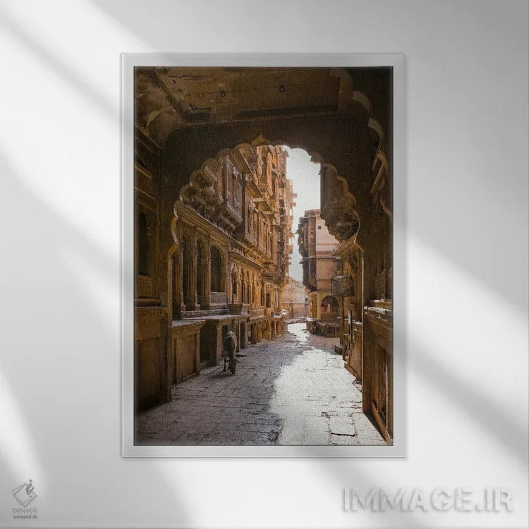 تابلو دکوراتیو Jaisalmer, India,گاو سرگردان در شهر قدیمی، جایسالمر، هند اثر ماتئو کولومبو - نمای قابدار سفید