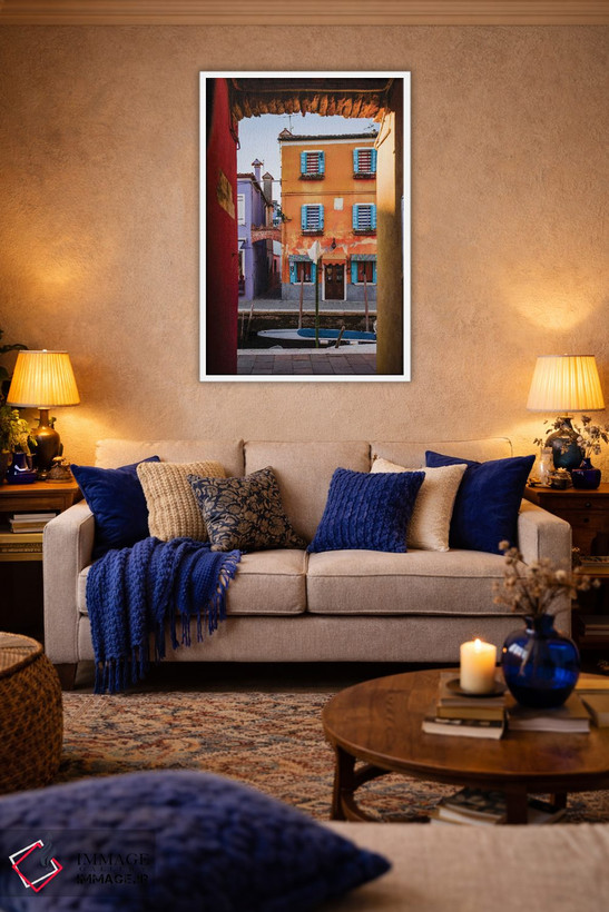 تابلو دکوراتیو Burano, Venice, Italy,غروب آفتاب بر فراز خانه نارنجی، بور… اثر ماتئو کولومبو - D3W