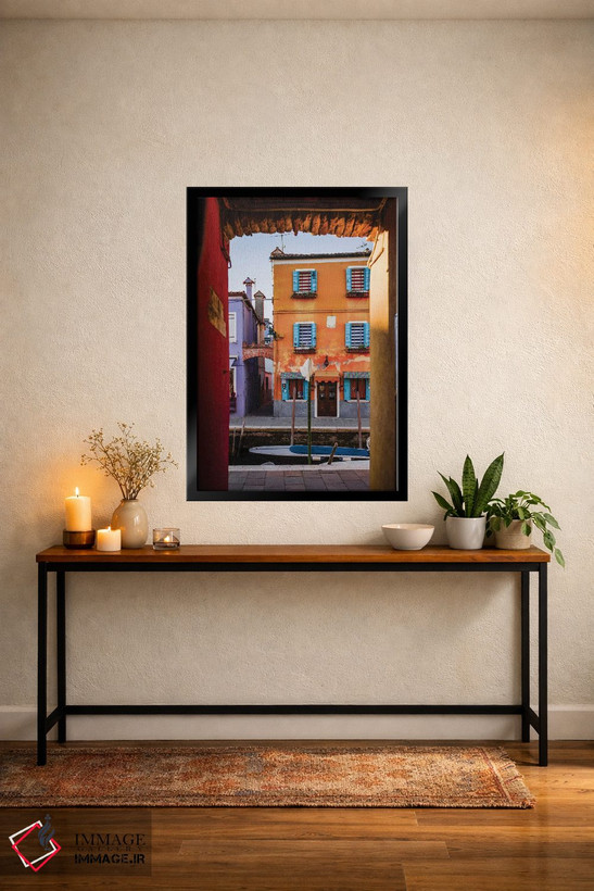 تابلو دکوراتیو Burano, Venice, Italy,غروب آفتاب بر فراز خانه نارنجی، بور… اثر ماتئو کولومبو - D5B