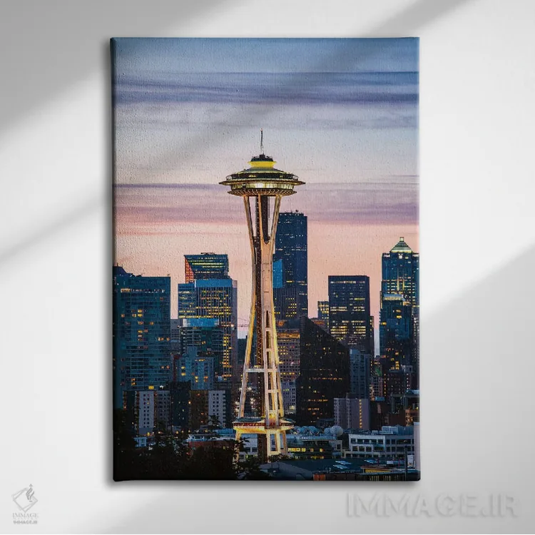 تابلو دکوراتیو Seattle, USA I,برج فضایی اسپیس نیدل و خط افق در سپیده دم… اثر ماتئو کولومبو - نمای روبهرو روی دیوار