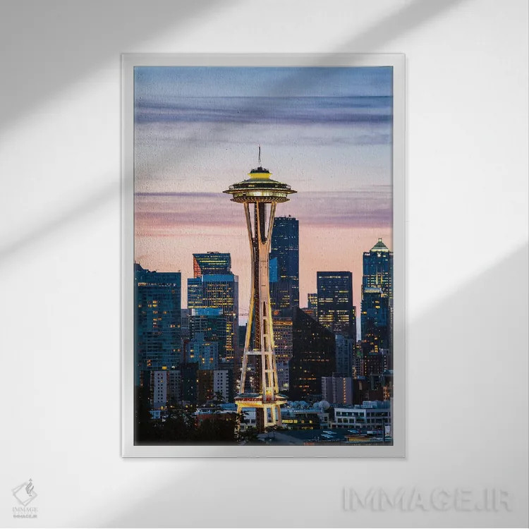تابلو دکوراتیو Seattle, USA I,برج فضایی اسپیس نیدل و خط افق در سپیده دم… اثر ماتئو کولومبو - نمای قابدار سفید