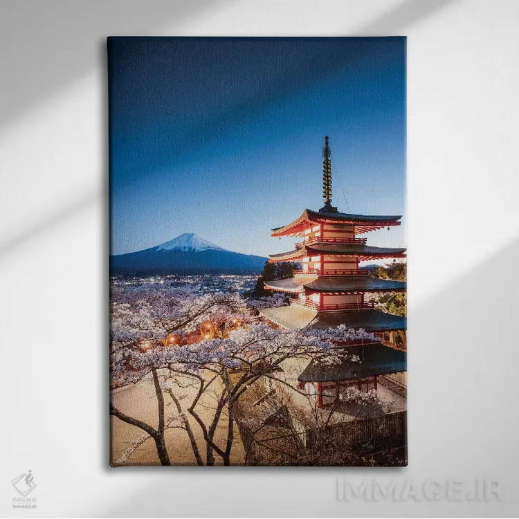 تابلو دکوراتیو Fuji Five Lakes, Japan II,پاگودا و درختان گیلاس، پنج دریا… اثر ماتئو کولومبو - نمای روبهرو روی دیوار