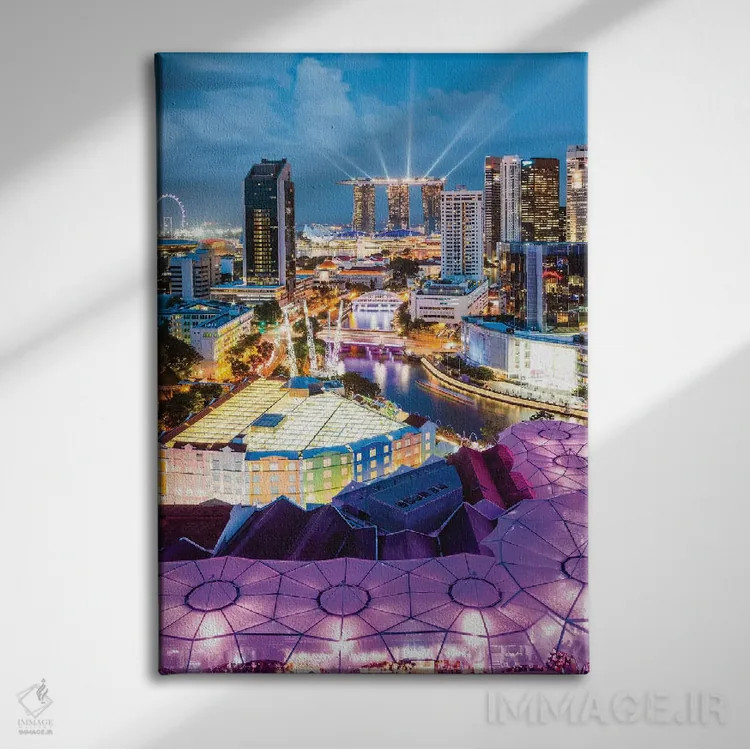 تابلو دکوراتیو Clarke Quay, Singapore I,خط افق در گرگ و میش، کلارک کی، س… اثر ماتئو کولومبو - نمای روبهرو روی دیوار