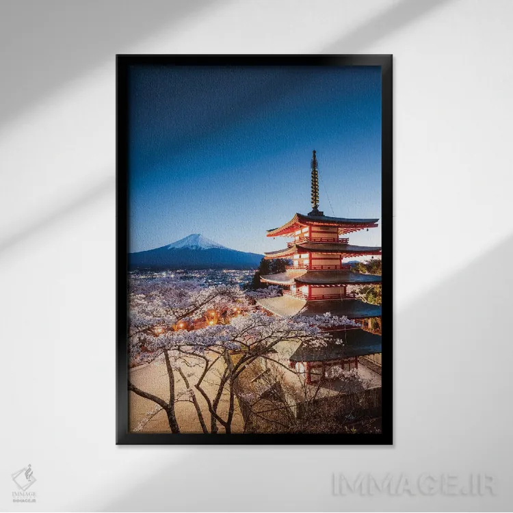 تابلو دکوراتیو Fuji Five Lakes, Japan II,پاگودا و درختان گیلاس، پنج دریا… اثر ماتئو کولومبو - نمای قابدار مشکی