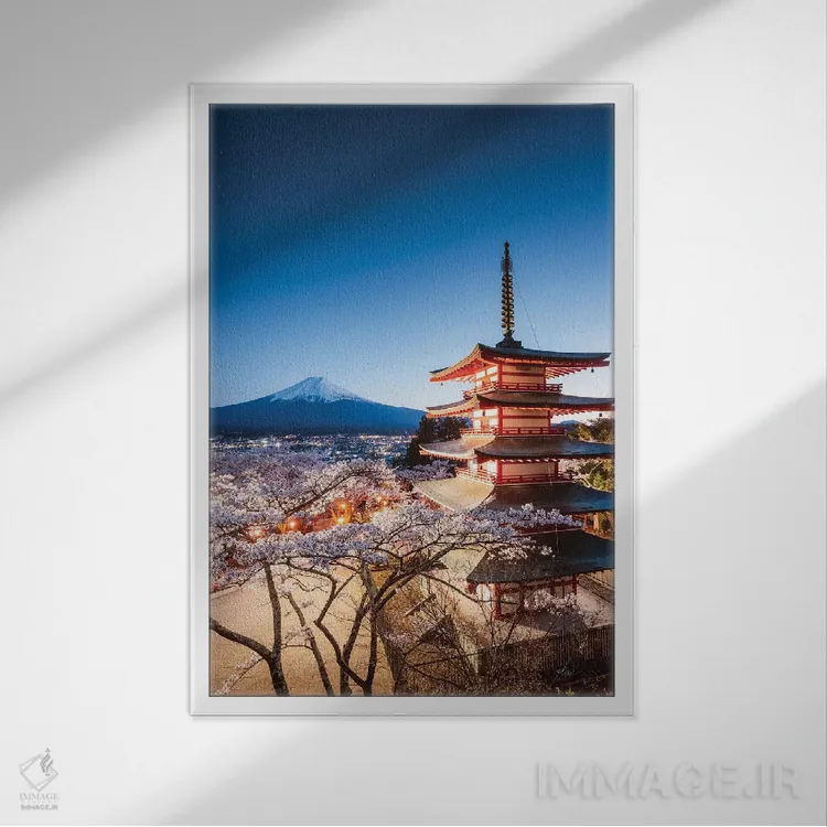 تابلو دکوراتیو Fuji Five Lakes, Japan II,پاگودا و درختان گیلاس، پنج دریا… اثر ماتئو کولومبو - نمای قابدار سفید