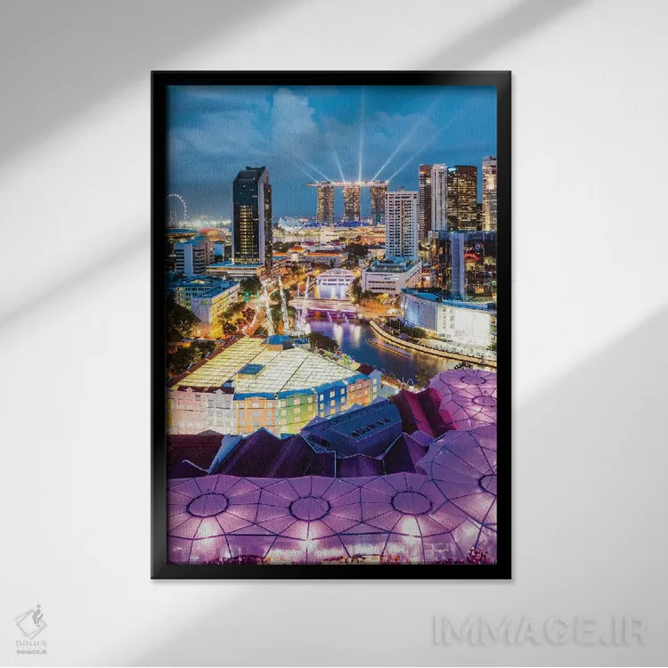 تابلو دکوراتیو Clarke Quay, Singapore I,خط افق در گرگ و میش، کلارک کی، س… اثر ماتئو کولومبو - نمای قابدار مشکی