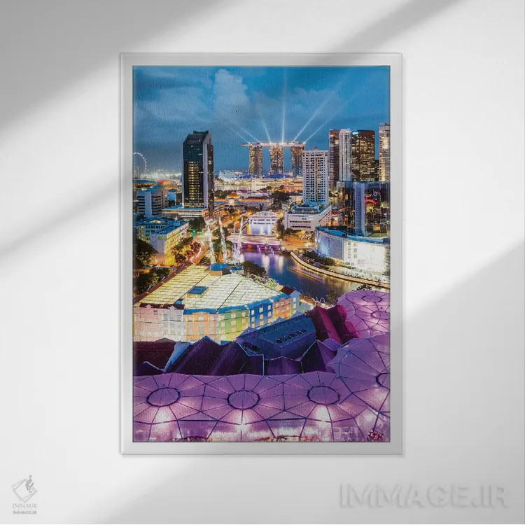 تابلو دکوراتیو Clarke Quay, Singapore I,خط افق در گرگ و میش، کلارک کی، س… اثر ماتئو کولومبو - نمای قابدار سفید