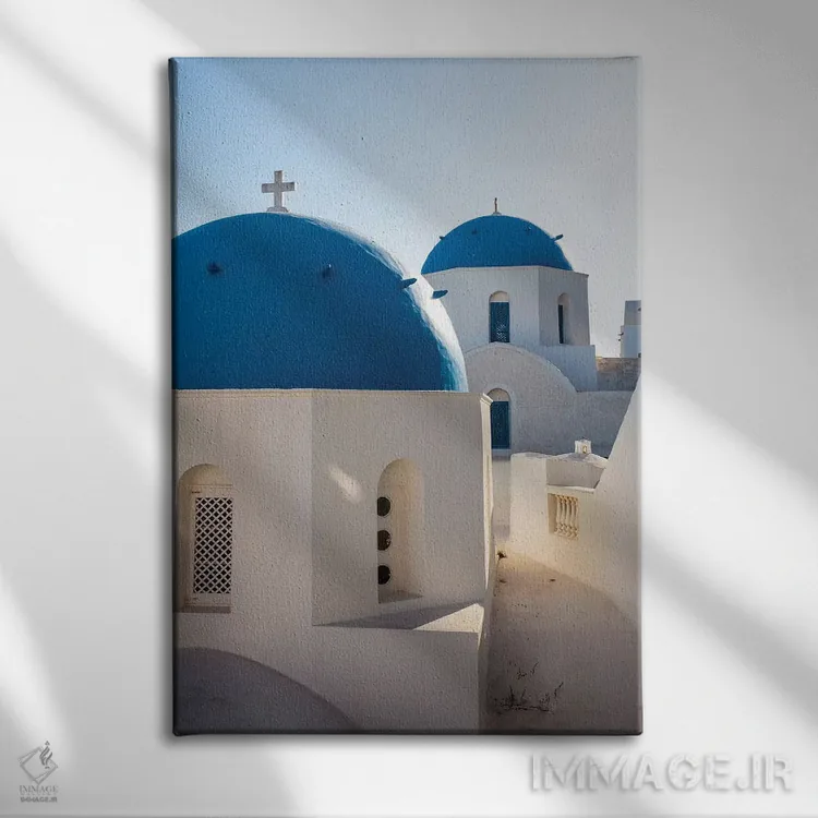 تابلو دکوراتیو Greece,کلیساهای گنبد آبی در سانتورینی، یونان اثر ماتئو کولومبو - نمای روبهرو روی دیوار