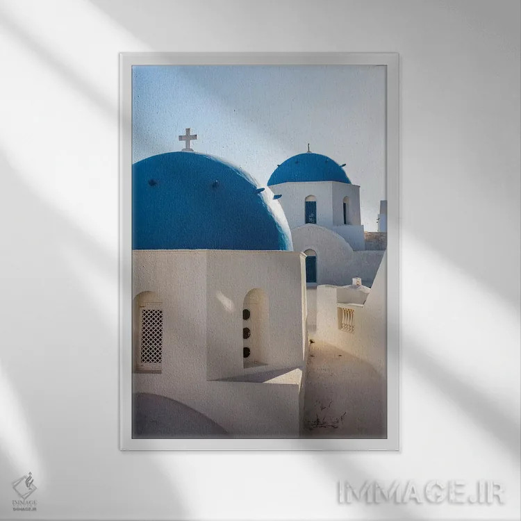 تابلو دکوراتیو Greece,کلیساهای گنبد آبی در سانتورینی، یونان اثر ماتئو کولومبو - نمای قابدار سفید
