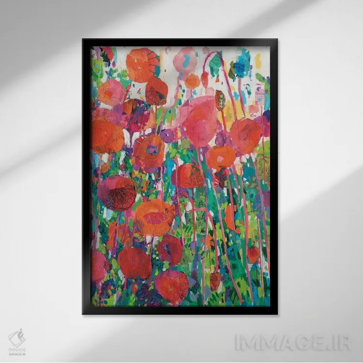 تابلو انتزاعی کلاژ شقایق زنده ۲ اثر تارا فانک گریم - نمای قابدار مشکی