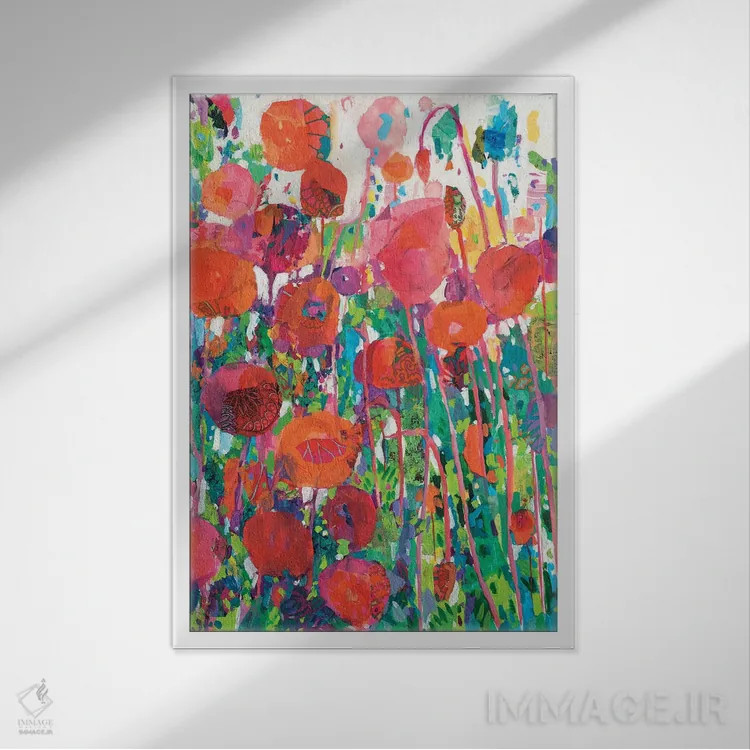 تابلو انتزاعی کلاژ شقایق زنده ۲ اثر تارا فانک گریم - نمای قابدار سفید