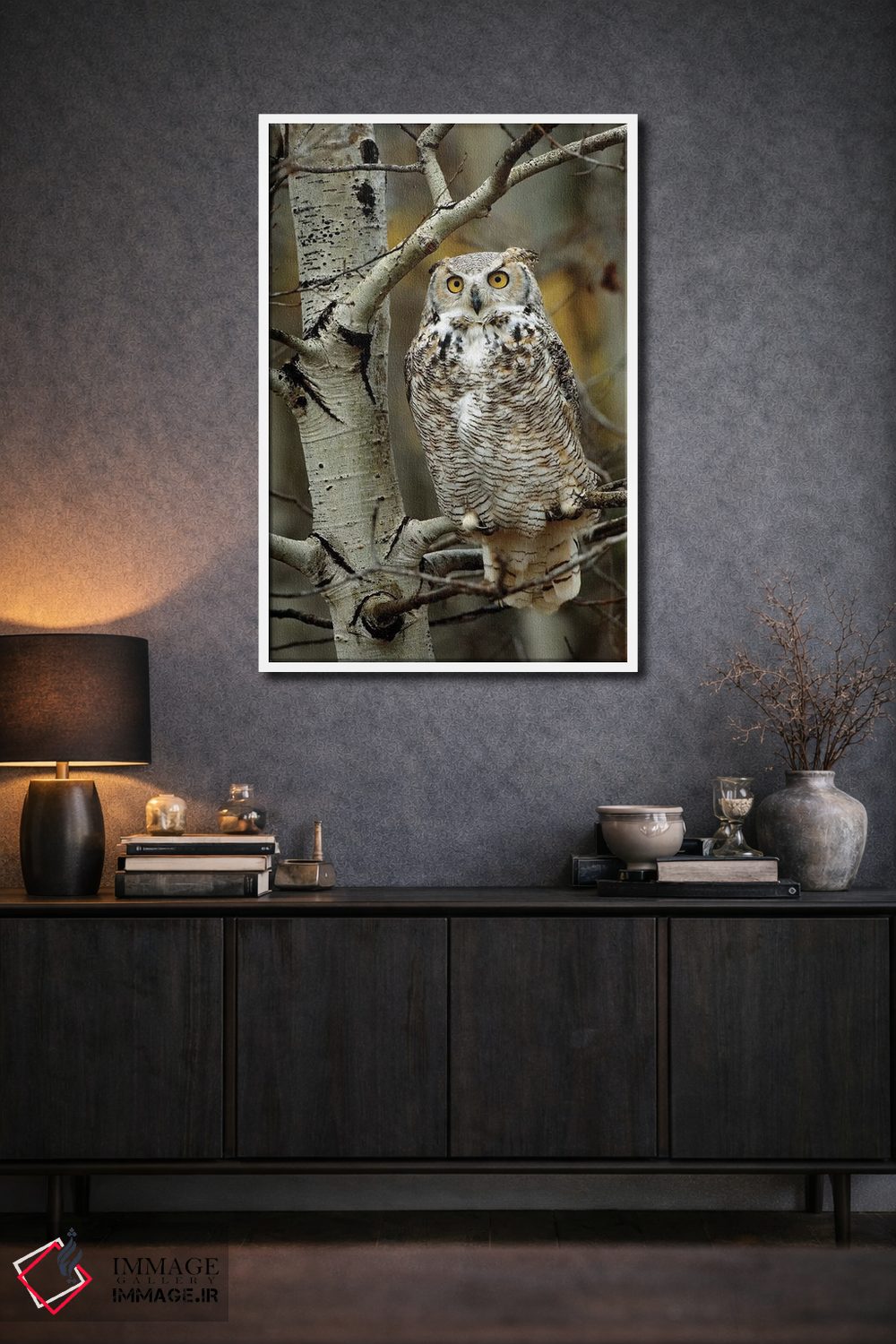 تابلو دکوراتیو Perched In Tree, Alberta, Canada,جغد شاخدار بزرگ نشسته روی… اثر تیم فیتزهریس - D1W