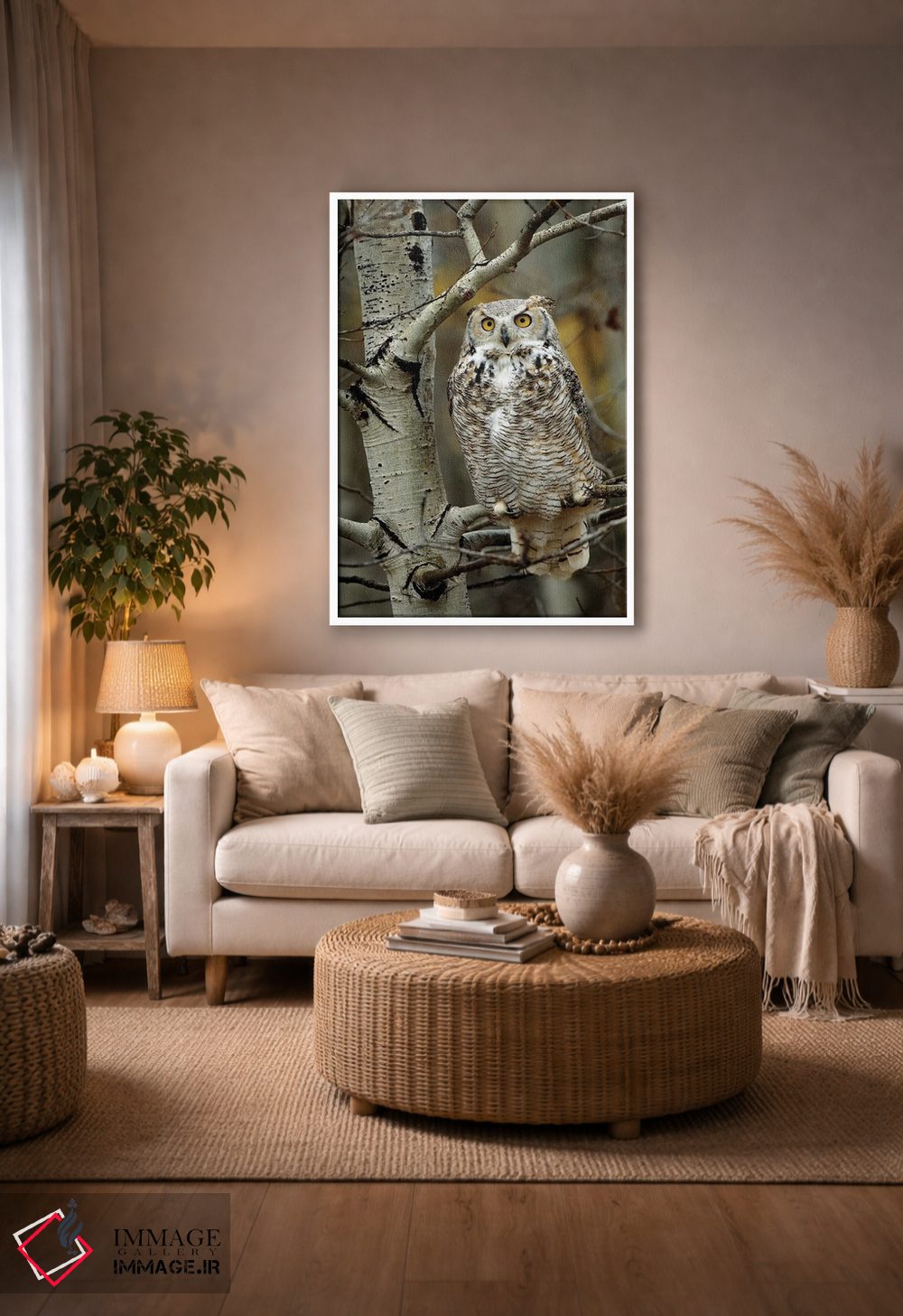 تابلو دکوراتیو Perched In Tree, Alberta, Canada,جغد شاخدار بزرگ نشسته روی… اثر تیم فیتزهریس - D5W