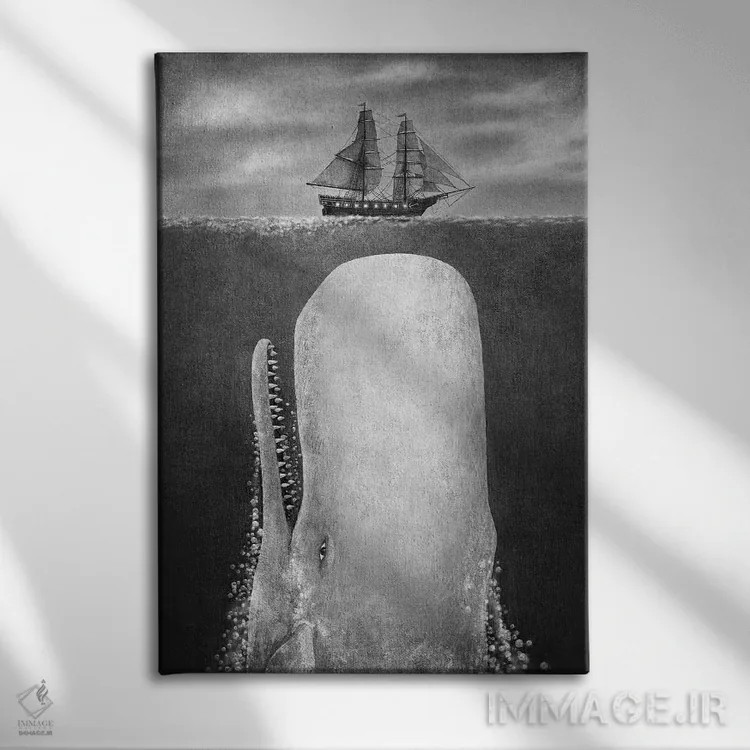 تابلو دکوراتیو نهنگ سیاه و سفید اثر تری فن - نمای روبهرو روی دیوار