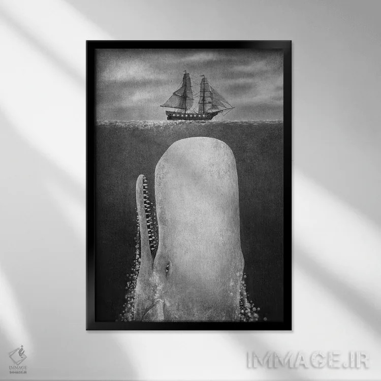 تابلو دکوراتیو نهنگ سیاه و سفید اثر تری فن - نمای قابدار مشکی