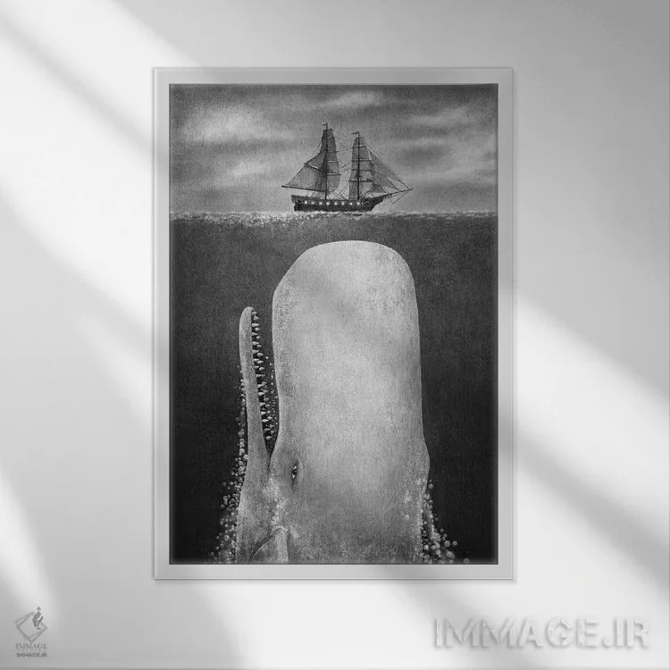 تابلو دکوراتیو نهنگ سیاه و سفید اثر تری فن - نمای قابدار سفید