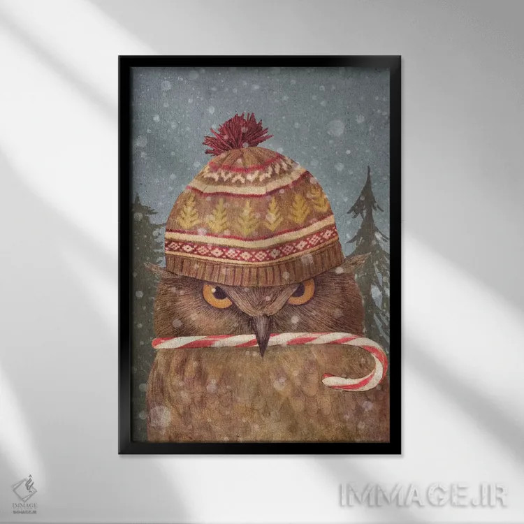 تابلو دکوراتیو جغد کریسمس پرتره اثر تری فن - نمای قابدار مشکی