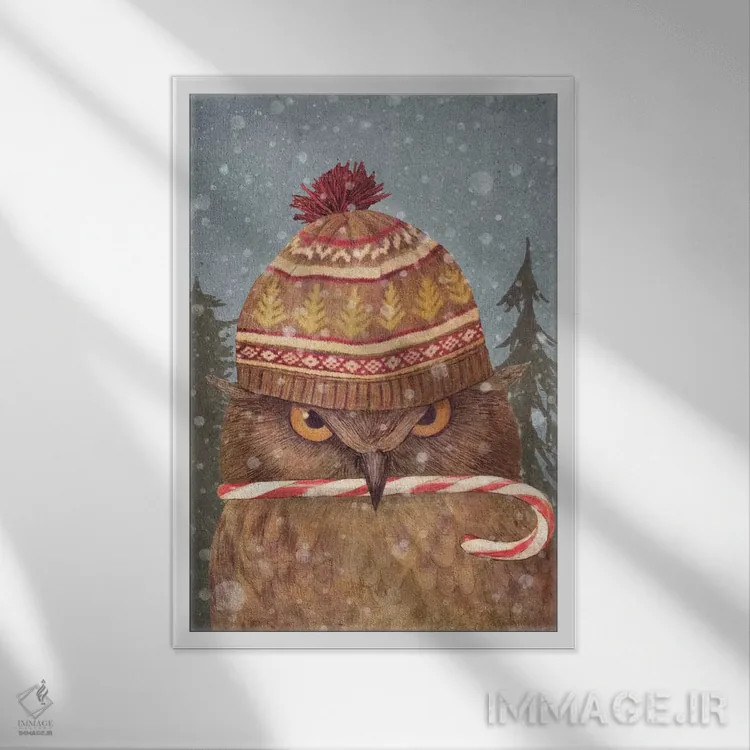 تابلو دکوراتیو جغد کریسمس پرتره اثر تری فن - نمای قابدار سفید