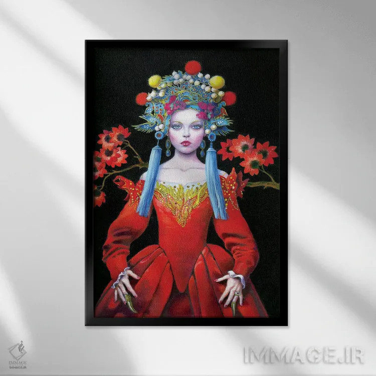 تابلو دکوراتیو ملکه قرمز چین اثر تیـتی گارلی - نمای قابدار مشکی