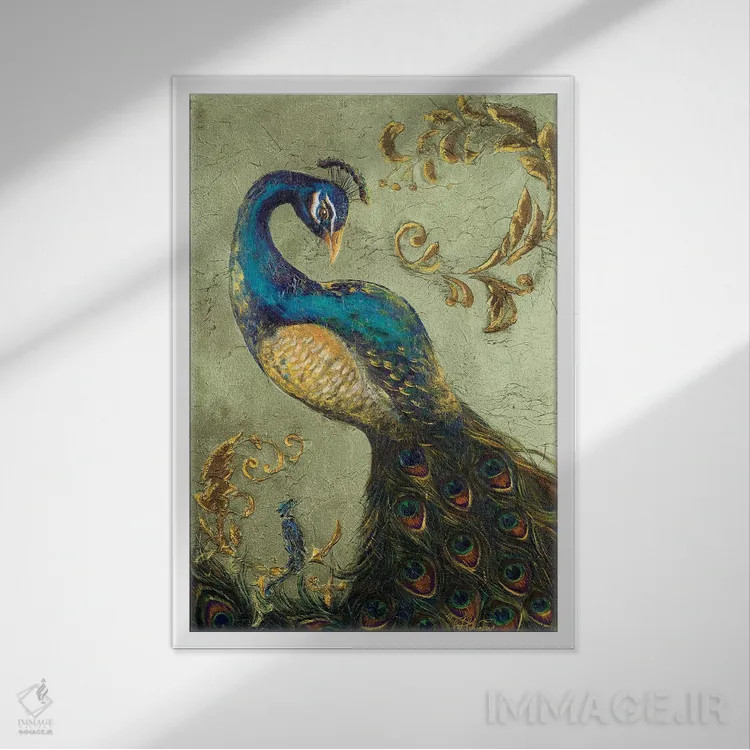 تابلو دکوراتیو طاووس روی مریم گلی II اثر تیفانی حکیمی پور - نمای قابدار سفید