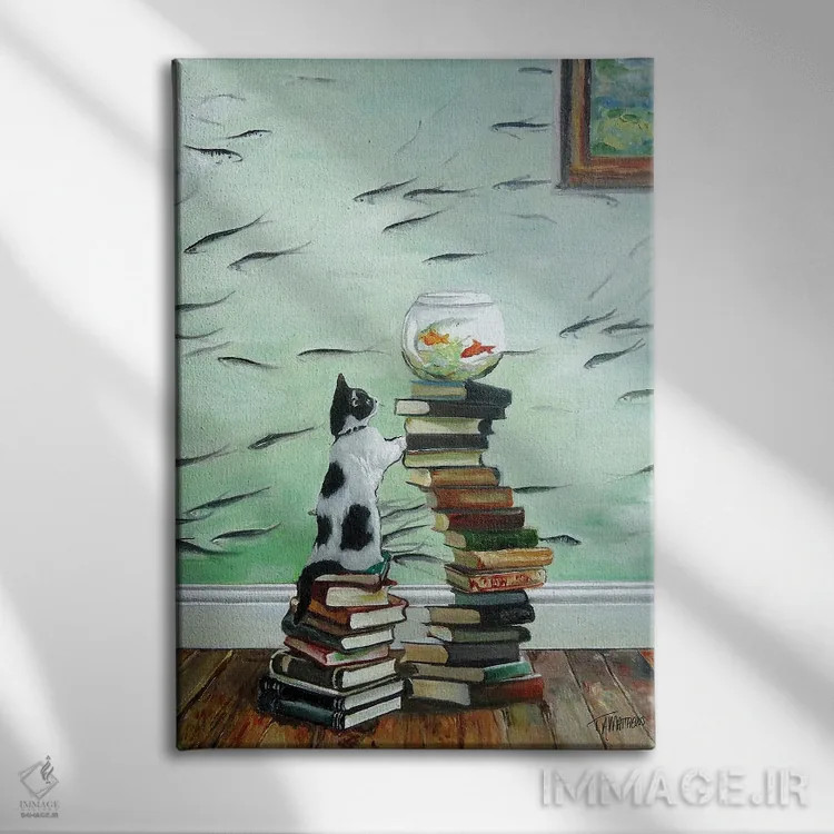 تابلو دکوراتیو بچه گربه کنجکاو با تنگ ماهی اثر تیموتی آدام متیوز - نمای روبهرو روی دیوار