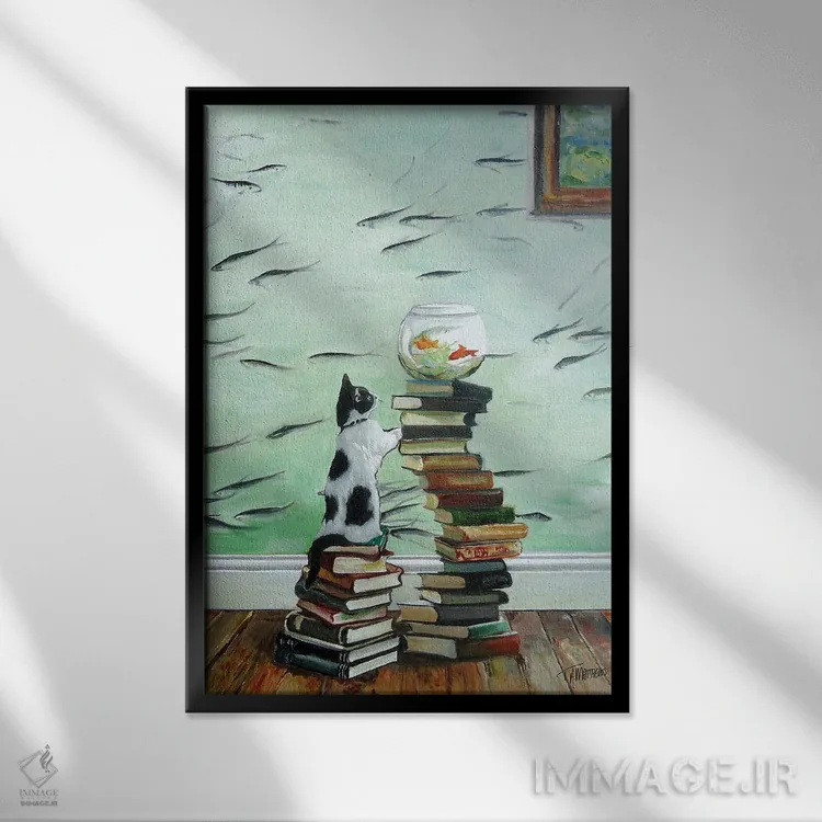 تابلو دکوراتیو بچه گربه کنجکاو با تنگ ماهی اثر تیموتی آدام متیوز - نمای قابدار مشکی