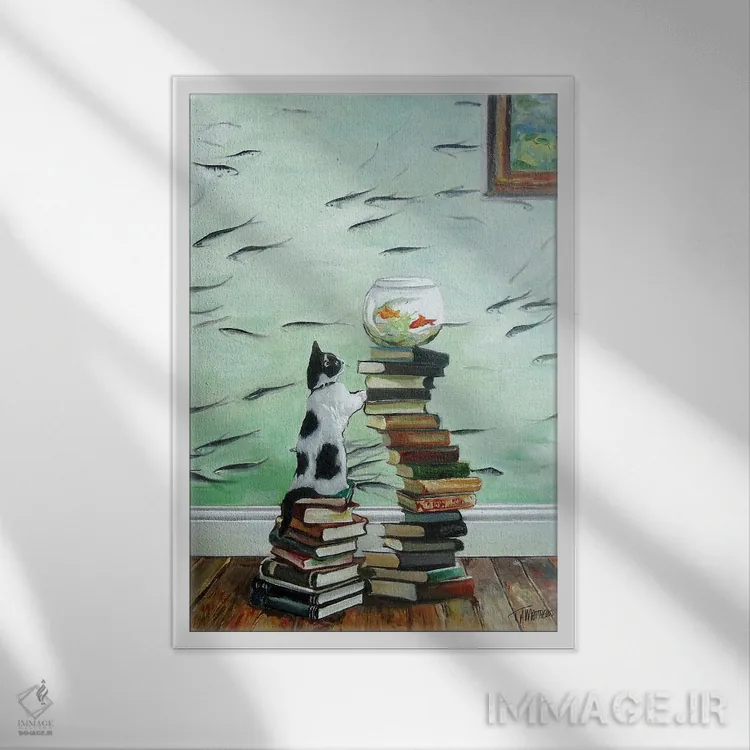 تابلو دکوراتیو بچه گربه کنجکاو با تنگ ماهی اثر تیموتی آدام متیوز - نمای قابدار سفید