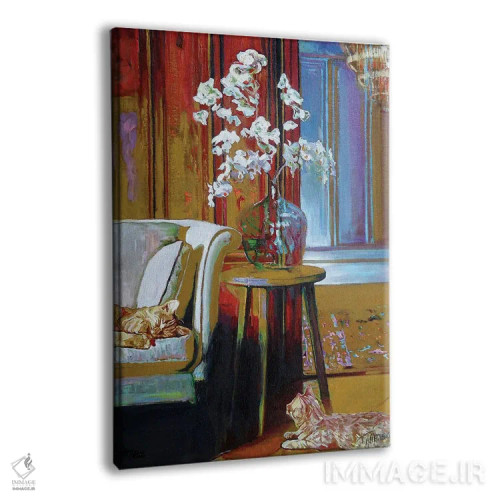 تابلو دکوراتیو گربه های لمیده با گل ارکیده اثر تیموتی آدام متیوز - نمای پرسپکتیو محصول