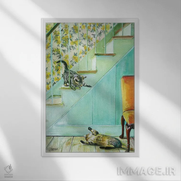 تابلو دکوراتیو بچه گربه ها در حال بازی روی پله ها اثر تیموتی آدام متیوز - نمای قابدار سفید