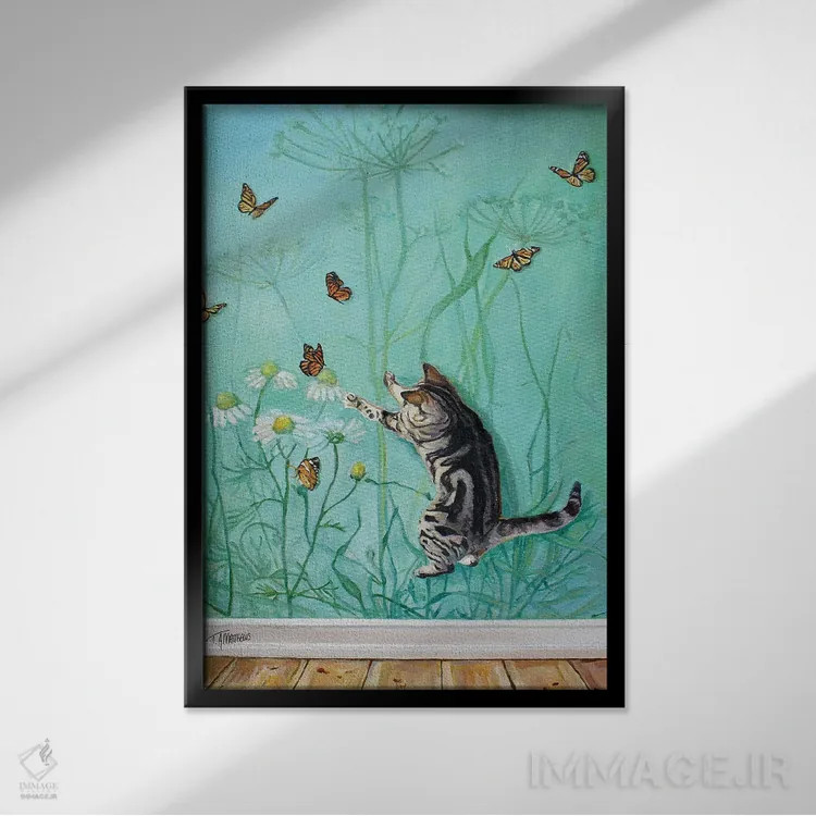 تابلو دکوراتیو گربه پروانه ای ۱ اثر تیموتی آدام متیوز - نمای قابدار مشکی