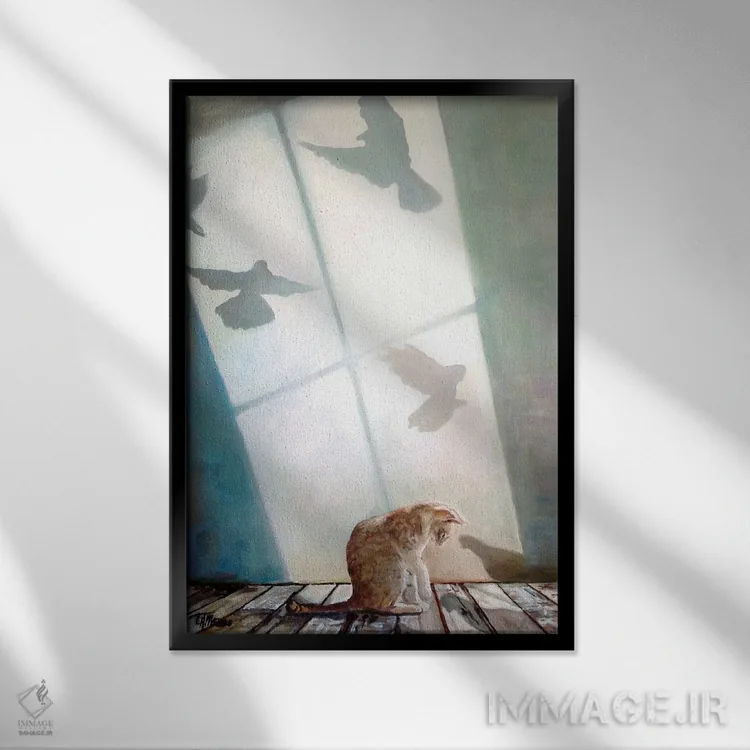 تابلو دکوراتیو سایه گربه و پرنده اثر تیموتی آدام متیوز - نمای قابدار مشکی