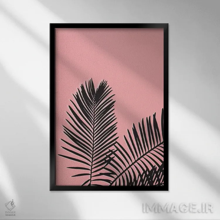 تابلو مینیمال برگ نخل صورتی اثر استیت بومی - نمای قابدار مشکی