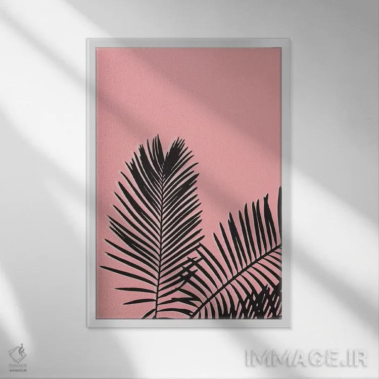 تابلو مینیمال برگ نخل صورتی اثر استیت بومی - نمای قابدار سفید