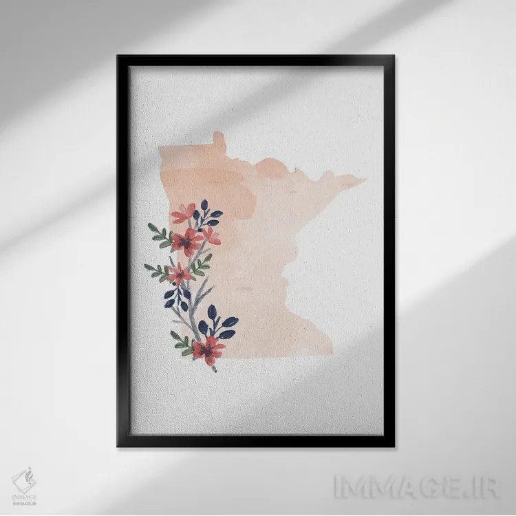 تابلو دکوراتیو طرح گل آبرنگی ایالت مینه سوتا اثر تایپولوژی پیپر کو - نمای قابدار مشکی