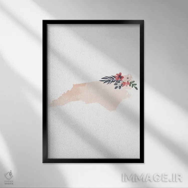 تابلو دکوراتیو طرح گل آبرنگی ایالت کارولینای شمالی اثر تایپولوژی پیپر کو - نمای قابدار مشکی