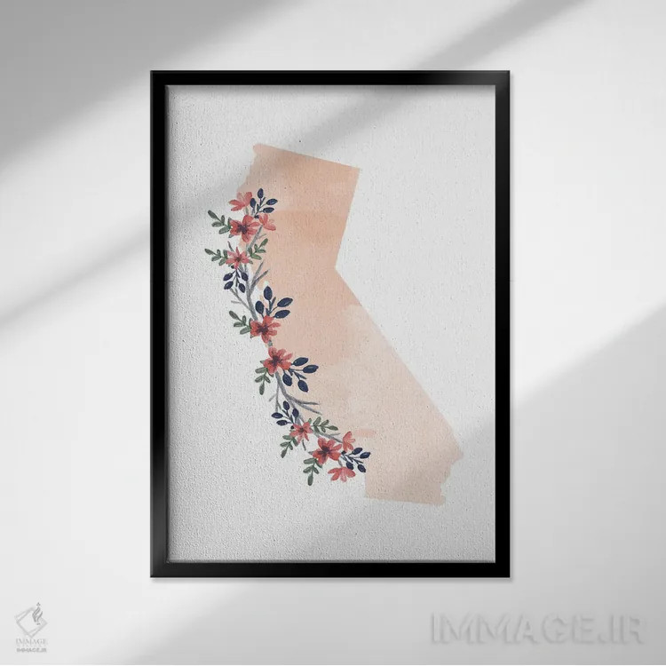 تابلو دکوراتیو طرح گل آبرنگی ایالت کالیفرنیا اثر تایپولوژی پیپر کو - نمای قابدار مشکی