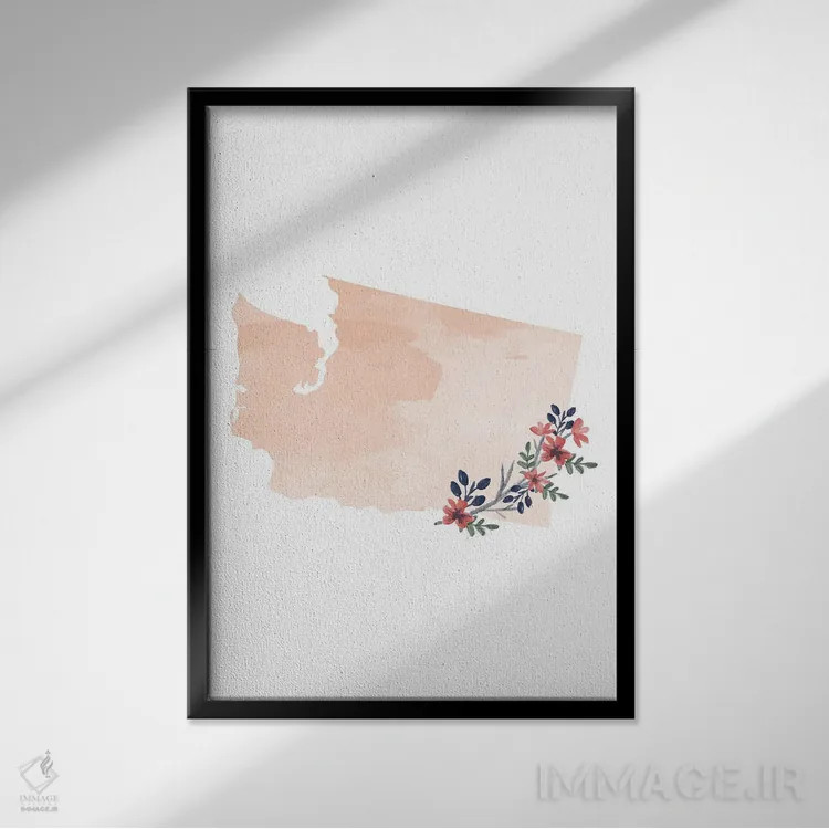 تابلو دکوراتیو طرح گل آبرنگی ایالت واشینگتن اثر تایپولوژی پیپر کو - نمای قابدار مشکی