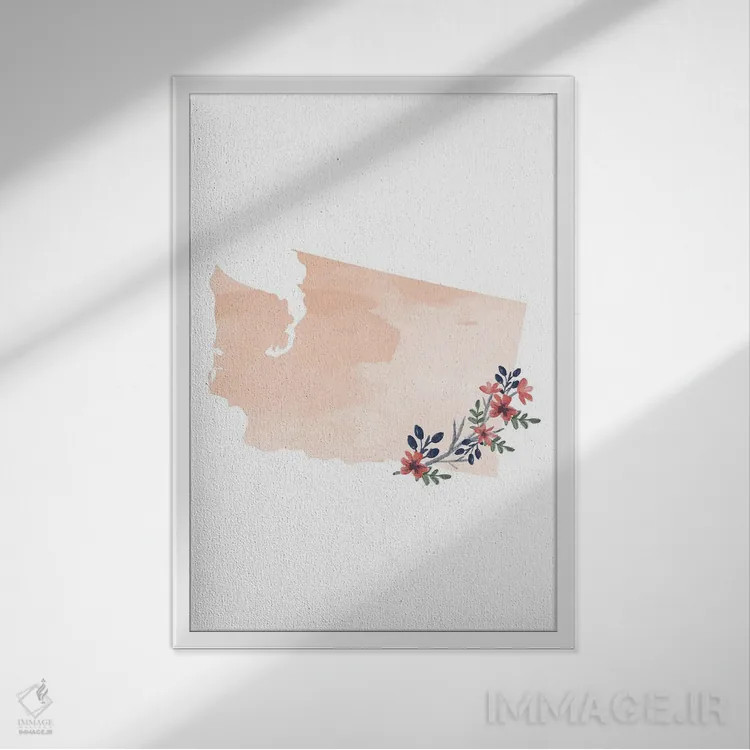 تابلو دکوراتیو طرح گل آبرنگی ایالت واشینگتن اثر تایپولوژی پیپر کو - نمای قابدار سفید