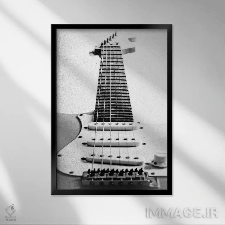 تابلو دکوراتیو نمای کناری گیتار سیاه و سفید اثر تام کوارترمین - نمای قابدار مشکی