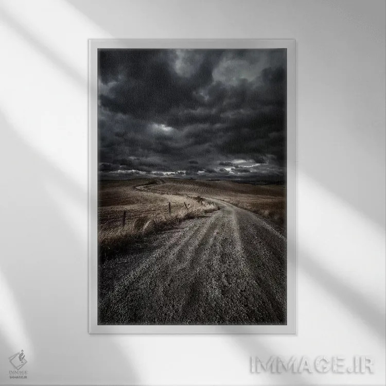 تابلو دکوراتیو Tuscany, Italy.,جاده روستایی در میان مزرعه با آسمانی طوفانی… اثر اوگنی کوکلف - نمای قابدار سفید
