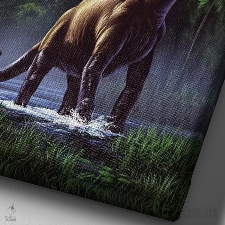 تابلو دکوراتیو براکیوسور وحشت زده در حال آب پاشی در باتلاق در برابر آسمان ط… اثر جری لوفارو - نمای نزدیک بافت بوم