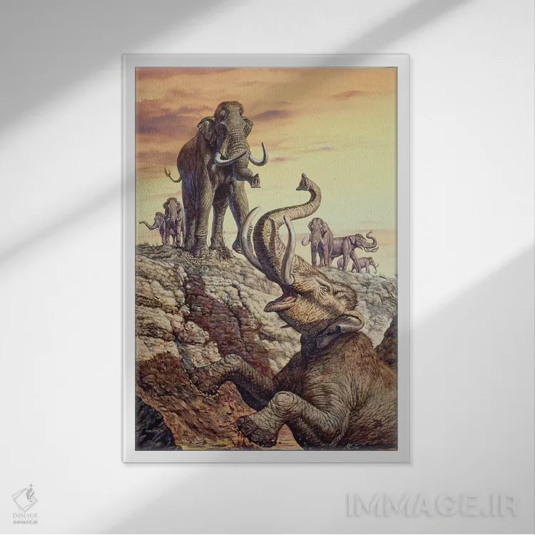 تابلو دکوراتیو ماموت کلمبی گرفتار در فروچاله اثر مارک هالت - نمای قابدار سفید