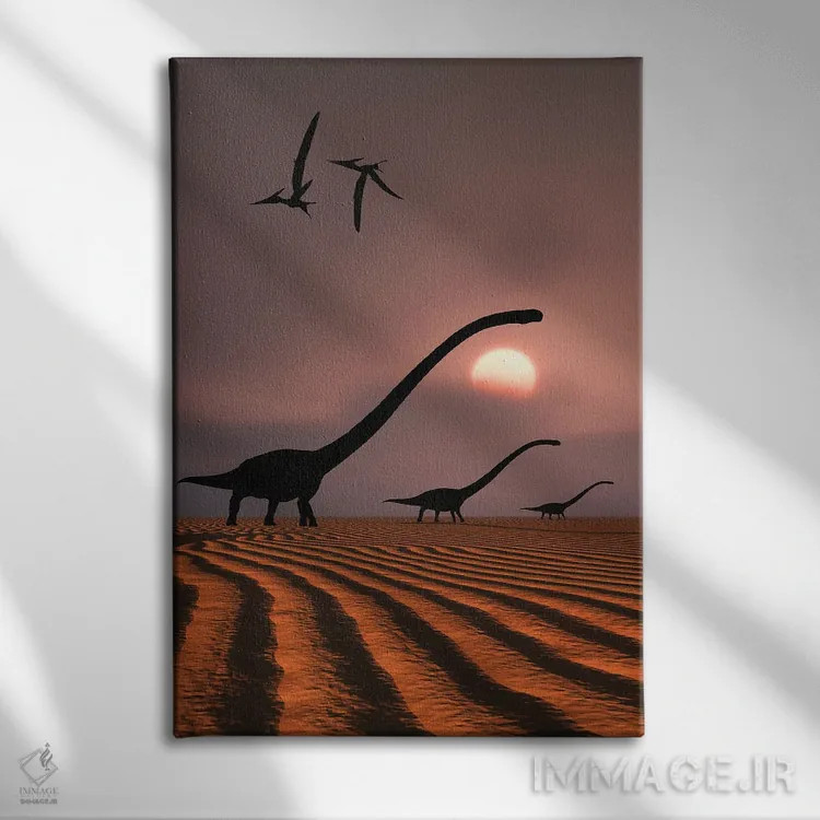 تابلو دکوراتیو گله ای از باوراسورهای اومیزاوروس در مقابل آسمان ژوراسیک ب… اثر مارک استیونسون - نمای روبهرو روی دیوار