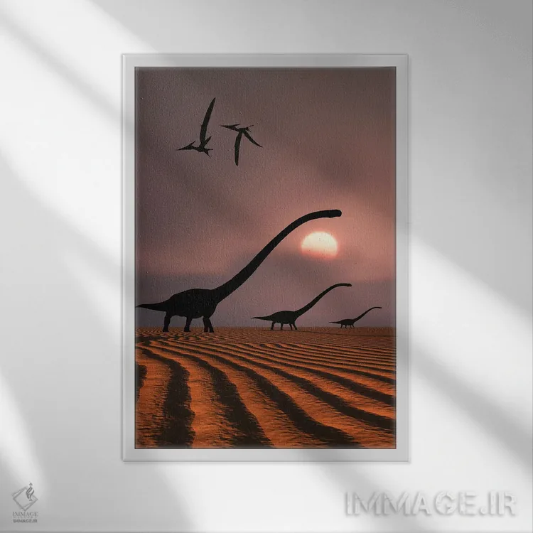 تابلو دکوراتیو گله ای از باوراسورهای اومیزاوروس در مقابل آسمان ژوراسیک ب… اثر مارک استیونسون - نمای قابدار سفید
