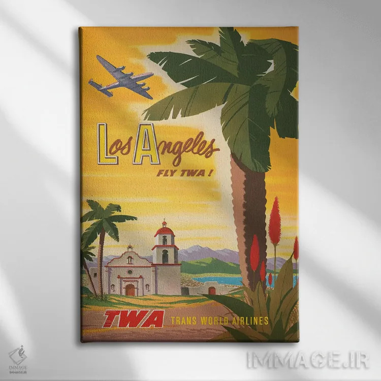 تابلو دکوراتیو Fly TWA To Los Angeles, Airplane Flying Over A Spanish… اثر استاک ترک ایمیجز - نمای روبهرو روی دیوار