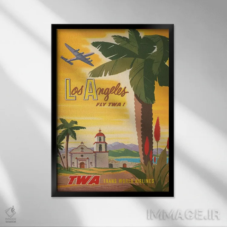 تابلو دکوراتیو Fly TWA To Los Angeles, Airplane Flying Over A Spanish… اثر استاک ترک ایمیجز - نمای قابدار مشکی