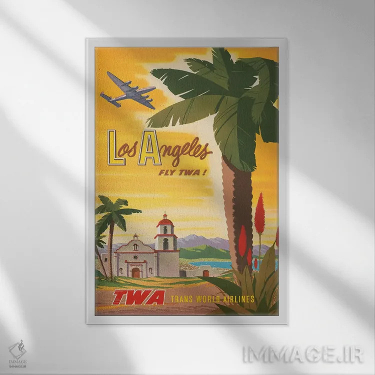تابلو دکوراتیو Fly TWA To Los Angeles, Airplane Flying Over A Spanish… اثر استاک ترک ایمیجز - نمای قابدار سفید