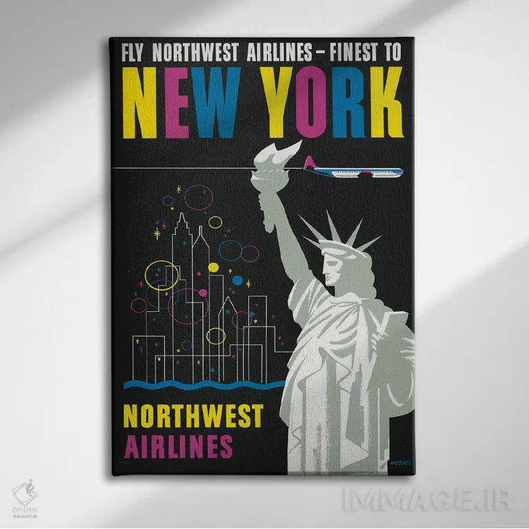 تابلو دکوراتیو Showing Statue Of Liberty,پوستر قدیمی سفر برای پرواز خ… اثر استاک ترک ایمیجز - نمای روبهرو روی دیوار