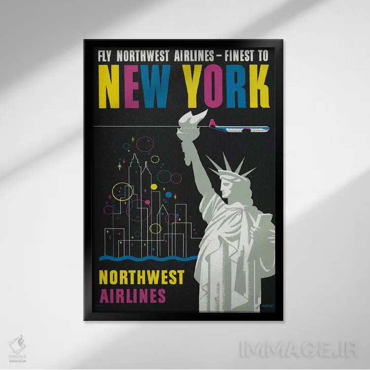 تابلو دکوراتیو Showing Statue Of Liberty,پوستر قدیمی سفر برای پرواز خ… اثر استاک ترک ایمیجز - نمای قابدار مشکی