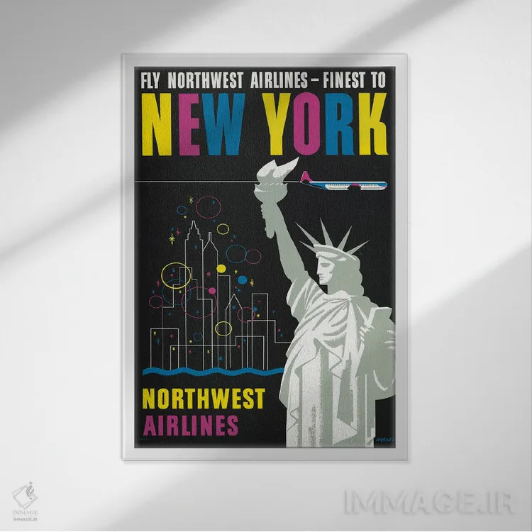 تابلو دکوراتیو Showing Statue Of Liberty,پوستر قدیمی سفر برای پرواز خ… اثر استاک ترک ایمیجز - نمای قابدار سفید